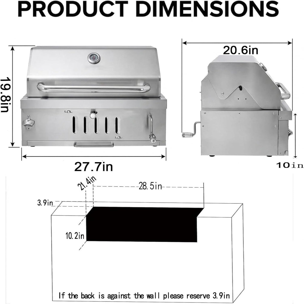 28In Built in BBQ Grills, Large outside Charcoal Grill with BBQ Fork Kit Liftable Tray & Thermometer, Silver Stainless Steel Barbecue Grill for Outdoor Kitchen Cooking Patio Camping Park
