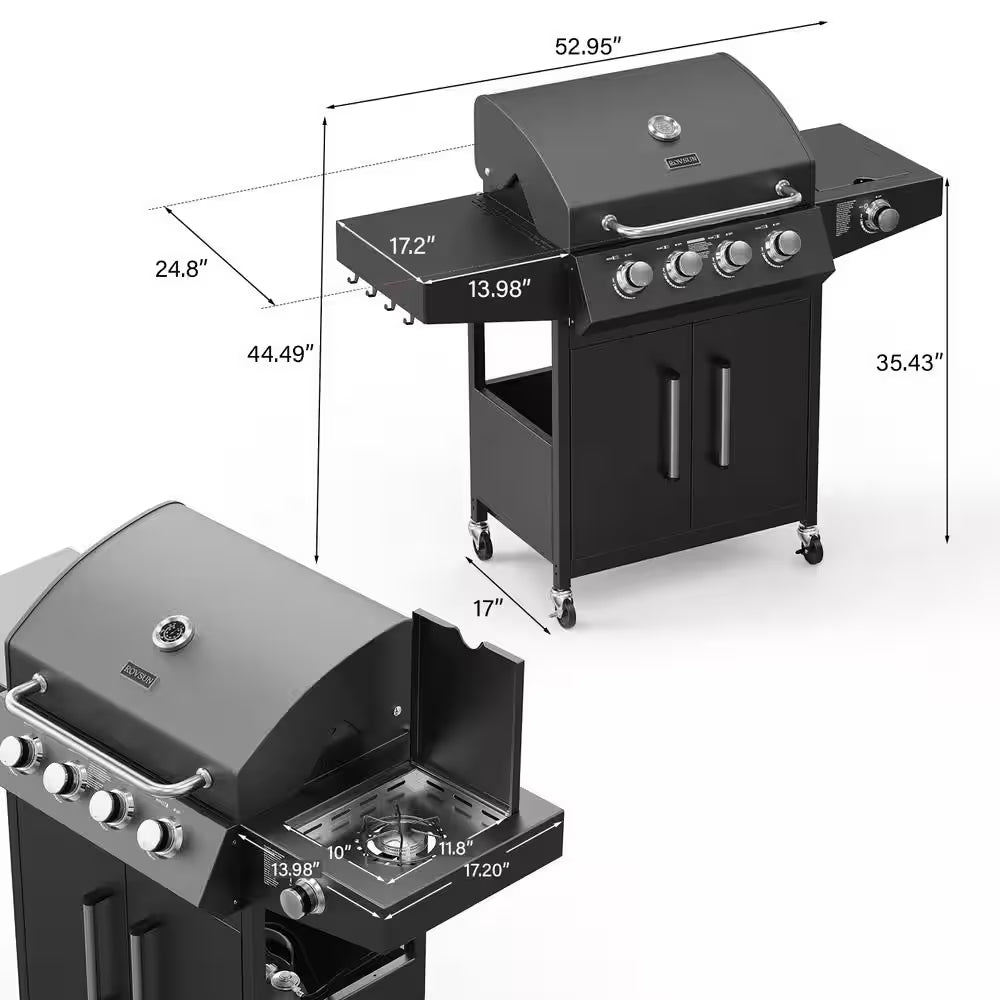 4-Burner Propane Grill with Side Burner, 58,000BTU BBQ Grills with Enameled Cast Iron Grates and Built-In Thermometer