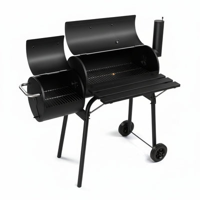 Barrel Grills Charcoal with Wheels and Front Table, Charcoal Grill with Smoker, Built-In Thermometer, 430 Square Inches, Offset Smoker Grill for Outdoor Backyard, Patio, Camping and Parties, Black
