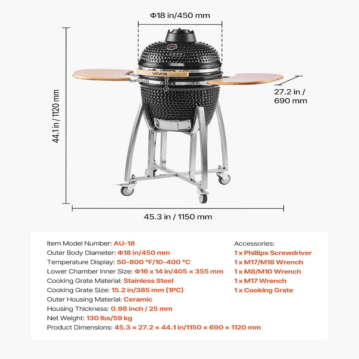 Charcoal Smoker and Grill, 18" Kamado Charcoal BBQ Smoker, Movable Ceramic Barbecue Grill with 4 Wheels (2 Lockable), Built-In Thermometer, Air Vents & Side Shelf for Outdoor Patio Yard Cooking