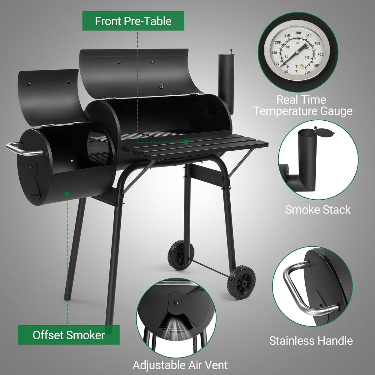 Barrel Grills Charcoal with Wheels and Front Table, Charcoal Grill with Smoker, Built-In Thermometer, 430 Square Inches, Offset Smoker Grill for Outdoor Backyard, Patio, Camping and Parties, Black