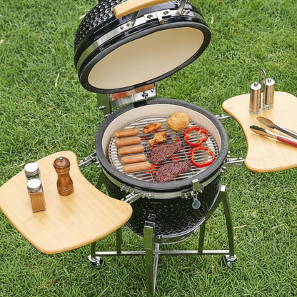 Charcoal Smoker and Grill, 18" Kamado Charcoal BBQ Smoker, Movable Ceramic Barbecue Grill with 4 Wheels (2 Lockable), Built-In Thermometer, Air Vents & Side Shelf for Outdoor Patio Yard Cooking