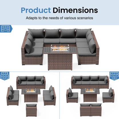 Patio Furniture Set, Outdoor Patio Furniture Wicker Sectional Furniture Couch Set, 9 Pieces Outdoor Sectional Sofa with Fire Pit Table, Outdoor Patio Set for Outdoor Furniture (Grey)