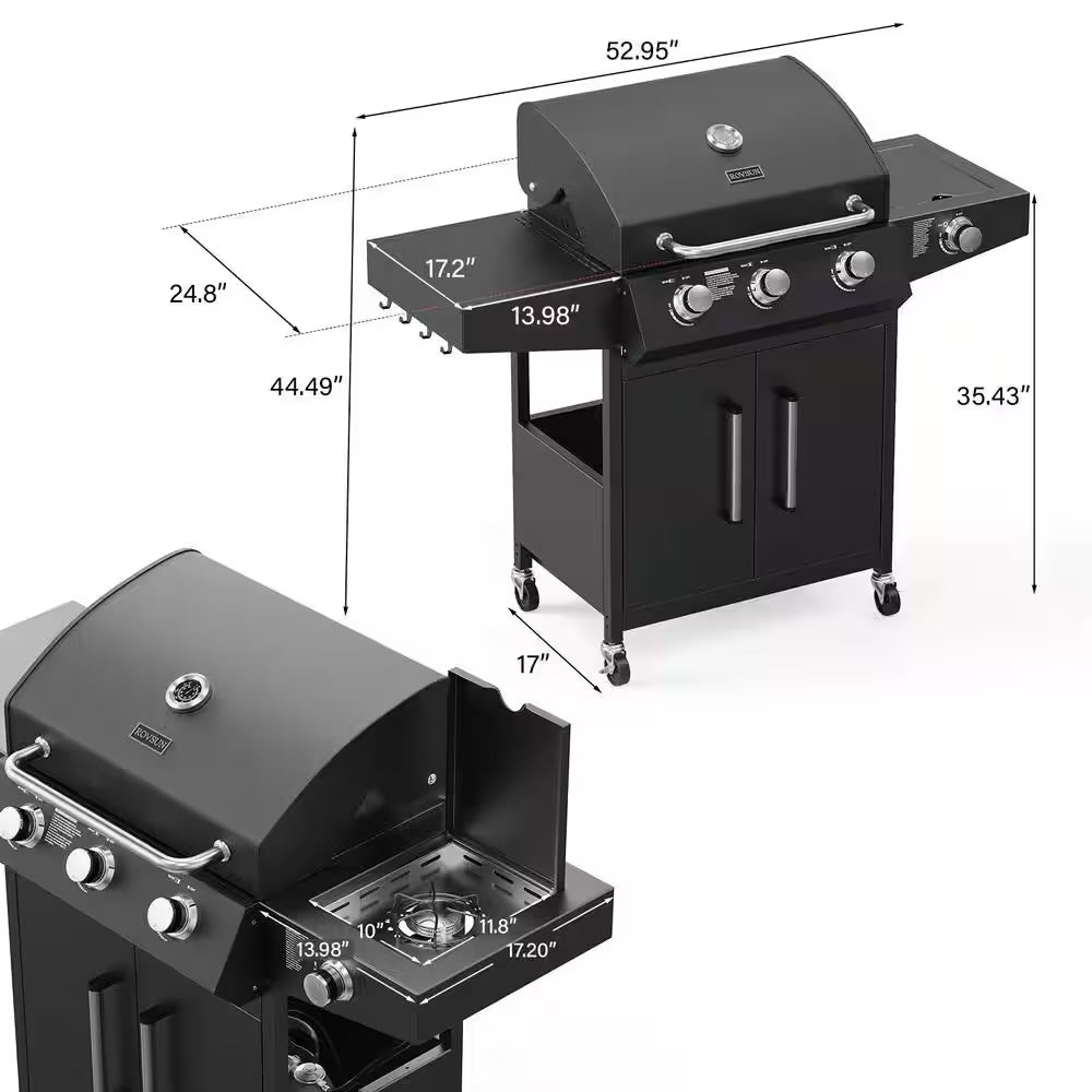4-Burner Propane Grill with Side Burner, 46,000BTU BBQ Grills with Enameled Cast Iron Grates and Built-In Thermometer