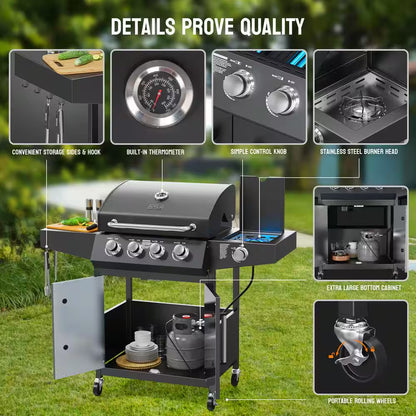 4-Burner Propane Grill with Side Burner, 58,000BTU BBQ Grills with Enameled Cast Iron Grates and Built-In Thermometer