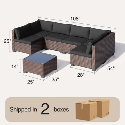 7 Pieces Outdoor Patio Furniture Set, All-Weather PE Rattan Outdoor Patio Sectional Furniture with Cushions and Glass Table, for Garden, Backyard, Porch, Black