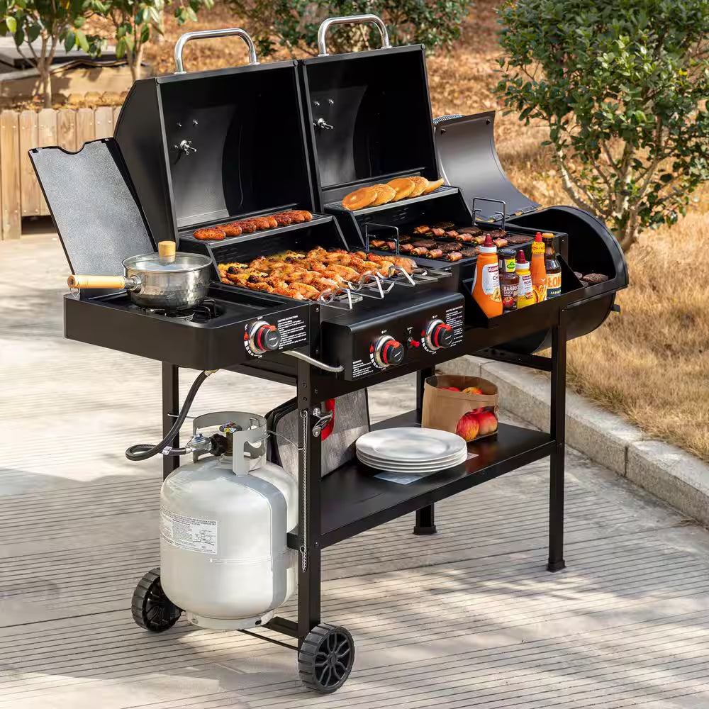 2-Burner Propane Gas and Charcoal Combo Grill with Offset Smoker Side Burner in Black