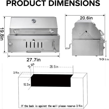 28In Built in BBQ Grills, Large outside Charcoal Grill with BBQ Fork Kit Liftable Tray & Thermometer, Silver Stainless Steel Barbecue Grill for Outdoor Kitchen Cooking Patio Camping Park