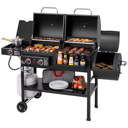 2-Burner Propane Gas and Charcoal Combo Grill with Offset Smoker Side Burner in Black