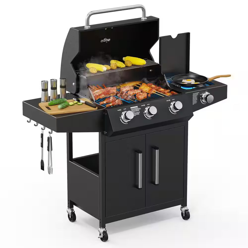 4-Burner Propane Grill with Side Burner, 46,000BTU BBQ Grills with Enameled Cast Iron Grates and Built-In Thermometer