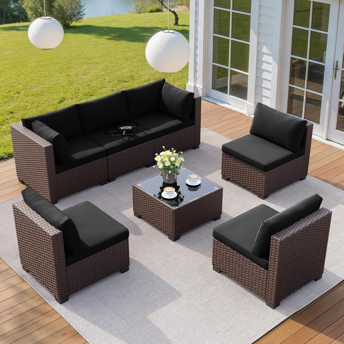 7 Pieces Outdoor Patio Furniture Set, All-Weather PE Rattan Outdoor Patio Sectional Furniture with Cushions and Glass Table, for Garden, Backyard, Porch, Black