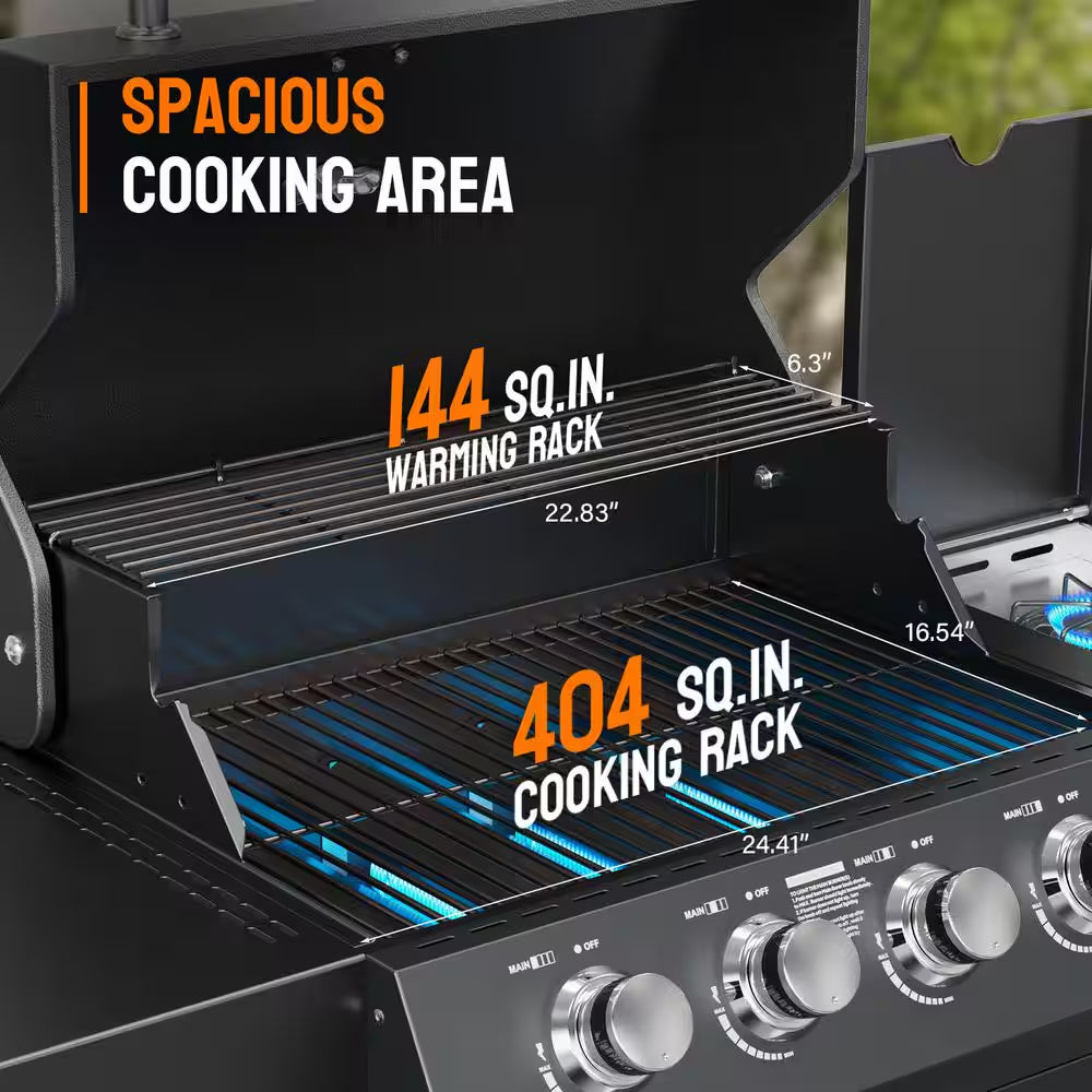 4-Burner Propane Grill with Side Burner, 58,000BTU BBQ Grills with Enameled Cast Iron Grates and Built-In Thermometer