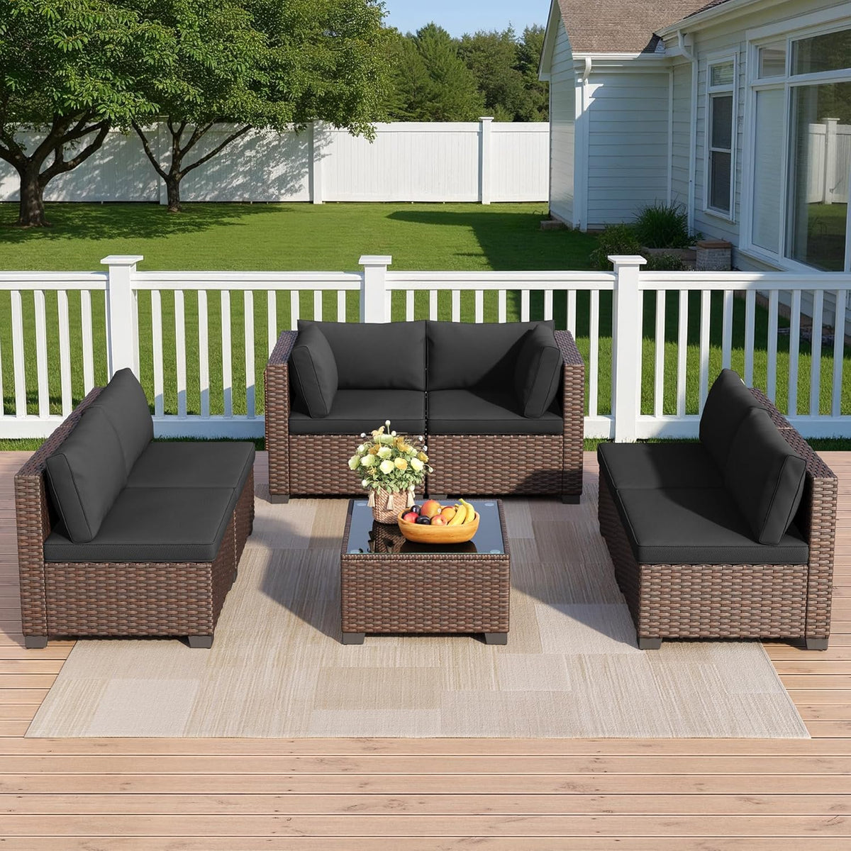 7 Pieces Outdoor Patio Furniture Set, All-Weather PE Rattan Outdoor Patio Sectional Furniture with Cushions and Glass Table, for Garden, Backyard, Porch, Black