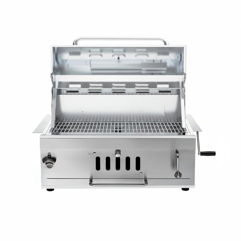 28In Built in BBQ Grills, Large outside Charcoal Grill with BBQ Fork Kit Liftable Tray & Thermometer, Silver Stainless Steel Barbecue Grill for Outdoor Kitchen Cooking Patio Camping Park