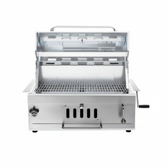 28In Built in BBQ Grills, Large outside Charcoal Grill with BBQ Fork Kit Liftable Tray & Thermometer, Silver Stainless Steel Barbecue Grill for Outdoor Kitchen Cooking Patio Camping Park