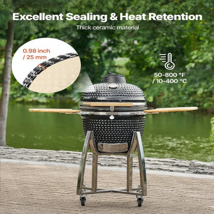 Charcoal Smoker and Grill, 18" Kamado Charcoal BBQ Smoker, Movable Ceramic Barbecue Grill with 4 Wheels (2 Lockable), Built-In Thermometer, Air Vents & Side Shelf for Outdoor Patio Yard Cooking