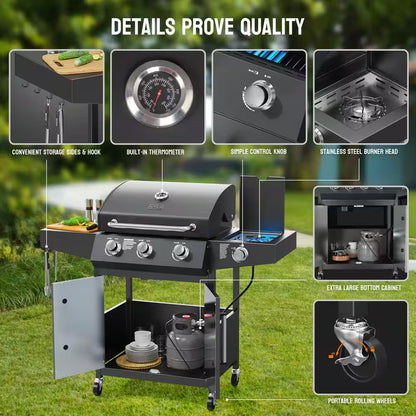 4-Burner Propane Grill with Side Burner, 46,000BTU BBQ Grills with Enameled Cast Iron Grates and Built-In Thermometer
