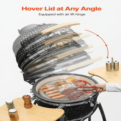 Charcoal Smoker and Grill, 18" Kamado Charcoal BBQ Smoker, Movable Ceramic Barbecue Grill with 4 Wheels (2 Lockable), Built-In Thermometer, Air Vents & Side Shelf for Outdoor Patio Yard Cooking
