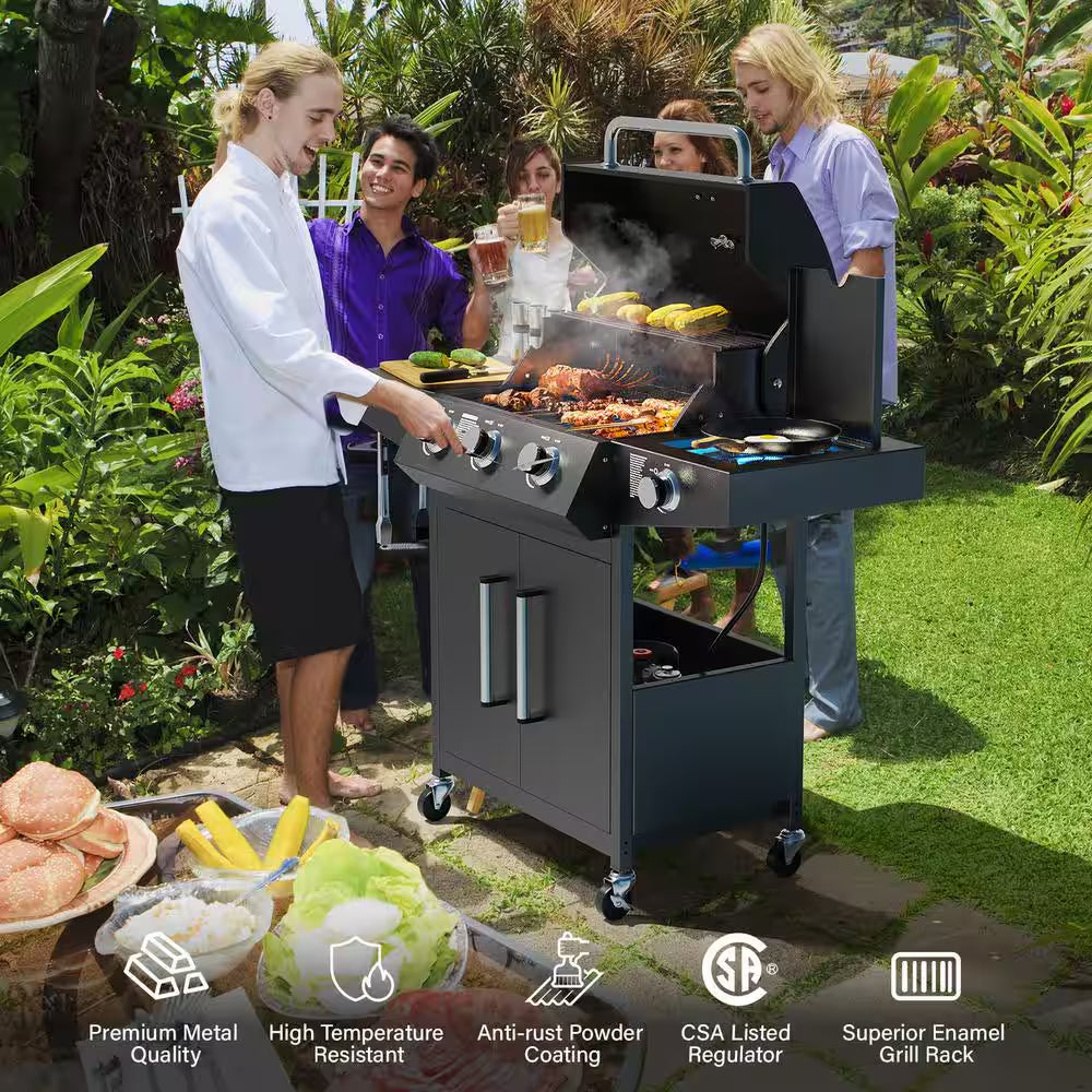 4-Burner Propane Grill with Side Burner, 46,000BTU BBQ Grills with Enameled Cast Iron Grates and Built-In Thermometer