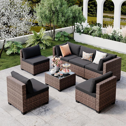 7 Pieces Outdoor Patio Furniture Set, All-Weather PE Rattan Outdoor Patio Sectional Furniture with Cushions and Glass Table, for Garden, Backyard, Porch, Black