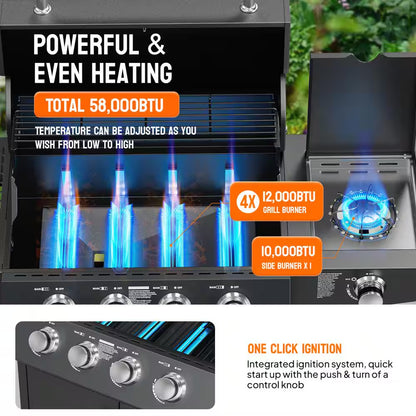 4-Burner Propane Grill with Side Burner, 58,000BTU BBQ Grills with Enameled Cast Iron Grates and Built-In Thermometer