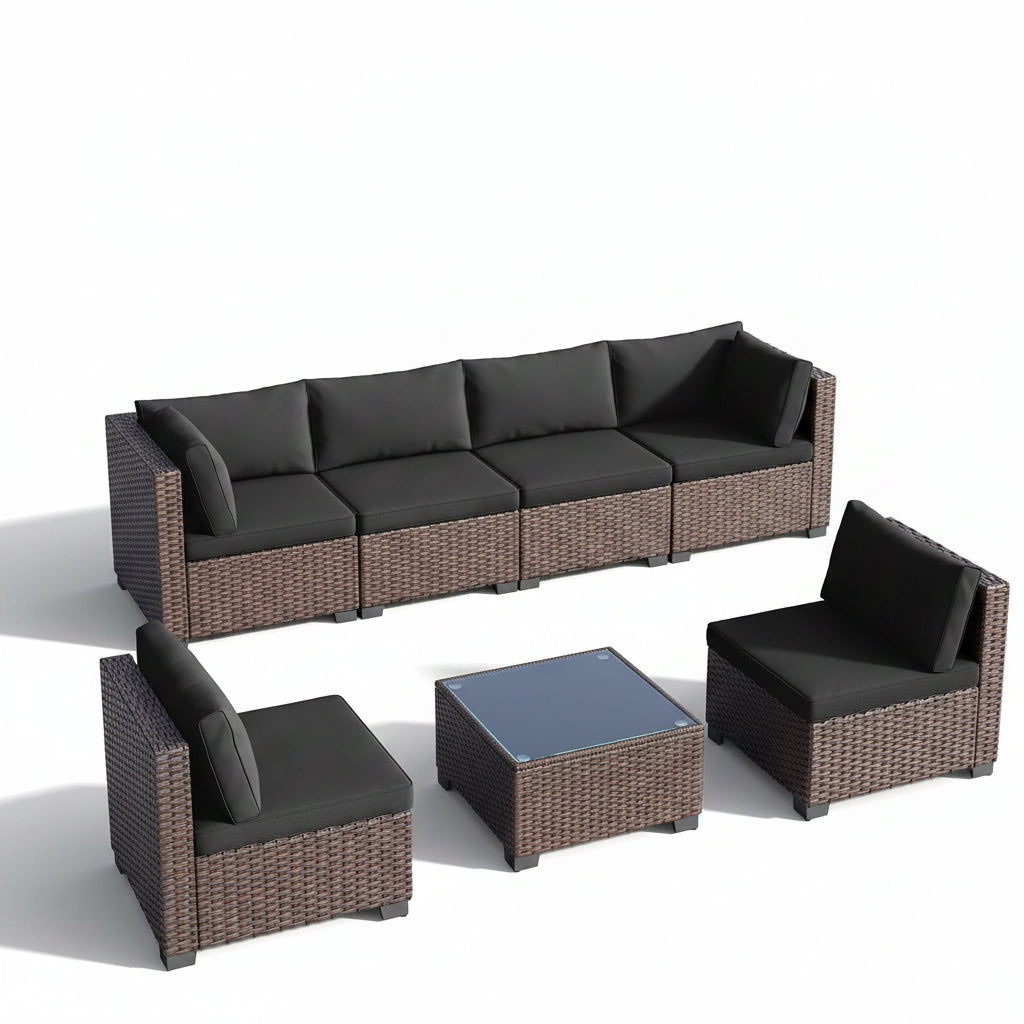 7 Pieces Outdoor Patio Furniture Set, All-Weather PE Rattan Outdoor Patio Sectional Furniture with Cushions and Glass Table, for Garden, Backyard, Porch, Black