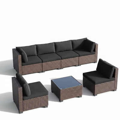7 Pieces Outdoor Patio Furniture Set, All-Weather PE Rattan Outdoor Patio Sectional Furniture with Cushions and Glass Table, for Garden, Backyard, Porch, Black