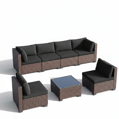 7 Pieces Outdoor Patio Furniture Set, All-Weather PE Rattan Outdoor Patio Sectional Furniture with Cushions and Glass Table, for Garden, Backyard, Porch, Black