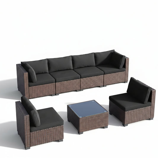 7 Pieces Outdoor Patio Furniture Set, All-Weather PE Rattan Outdoor Patio Sectional Furniture with Cushions and Glass Table, for Garden, Backyard, Porch, Black