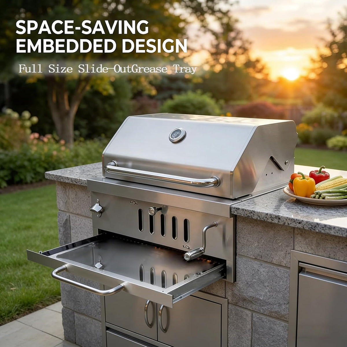 28In Built in BBQ Grills, Large outside Charcoal Grill with BBQ Fork Kit Liftable Tray & Thermometer, Silver Stainless Steel Barbecue Grill for Outdoor Kitchen Cooking Patio Camping Park
