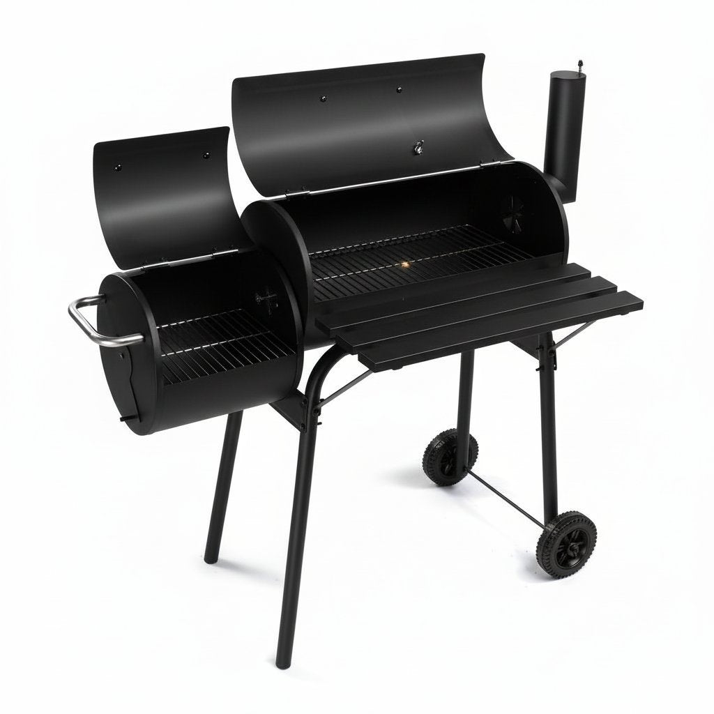 Barrel Grills Charcoal with Wheels and Front Table, Charcoal Grill with Smoker, Built-In Thermometer, 430 Square Inches, Offset Smoker Grill for Outdoor Backyard, Patio, Camping and Parties, Black