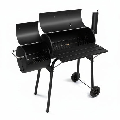 Barrel Grills Charcoal with Wheels and Front Table, Charcoal Grill with Smoker, Built-In Thermometer, 430 Square Inches, Offset Smoker Grill for Outdoor Backyard, Patio, Camping and Parties, Black