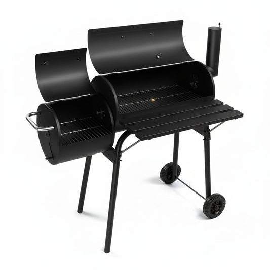 Barrel Grills Charcoal with Wheels and Front Table, Charcoal Grill with Smoker, Built-In Thermometer, 430 Square Inches, Offset Smoker Grill for Outdoor Backyard, Patio, Camping and Parties, Black