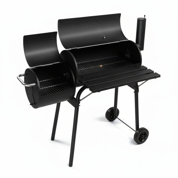 Barrel Grills Charcoal with Wheels and Front Table, Charcoal Grill with Smoker, Built-In Thermometer, 430 Square Inches, Offset Smoker Grill for Outdoor Backyard, Patio, Camping and Parties, Black