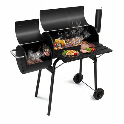 Barrel Grills Charcoal with Wheels and Front Table, Charcoal Grill with Smoker, Built-In Thermometer, 430 Square Inches, Offset Smoker Grill for Outdoor Backyard, Patio, Camping and Parties, Black
