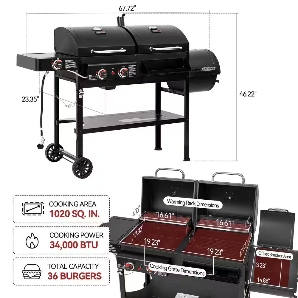 2-Burner Propane Gas and Charcoal Combo Grill with Offset Smoker Side Burner in Black
