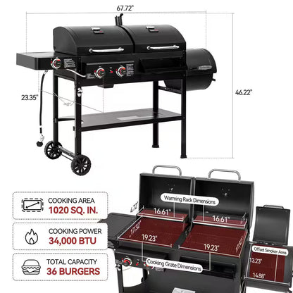 2-Burner Propane Gas and Charcoal Combo Grill with Offset Smoker Side Burner in Black