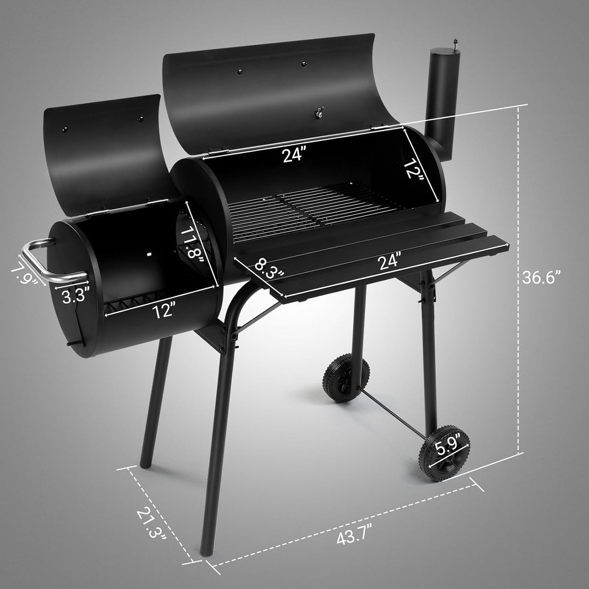 Barrel Grills Charcoal with Wheels and Front Table, Charcoal Grill with Smoker, Built-In Thermometer, 430 Square Inches, Offset Smoker Grill for Outdoor Backyard, Patio, Camping and Parties, Black