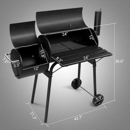 Barrel Grills Charcoal with Wheels and Front Table, Charcoal Grill with Smoker, Built-In Thermometer, 430 Square Inches, Offset Smoker Grill for Outdoor Backyard, Patio, Camping and Parties, Black