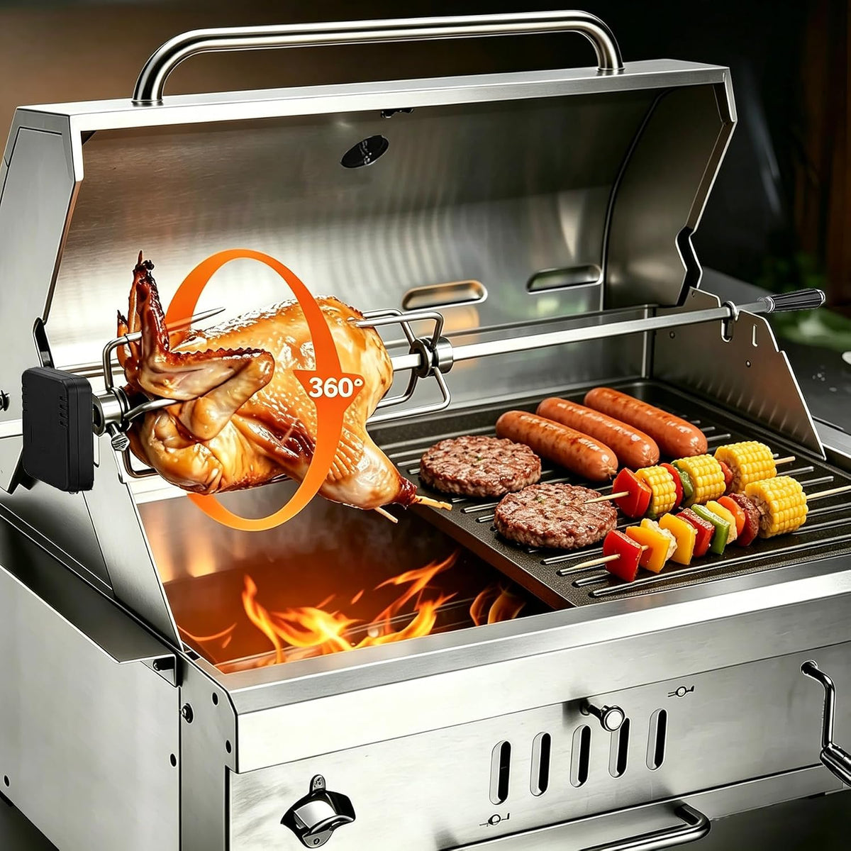 28In Built in BBQ Grills, Large outside Charcoal Grill with BBQ Fork Kit Liftable Tray & Thermometer, Silver Stainless Steel Barbecue Grill for Outdoor Kitchen Cooking Patio Camping Park