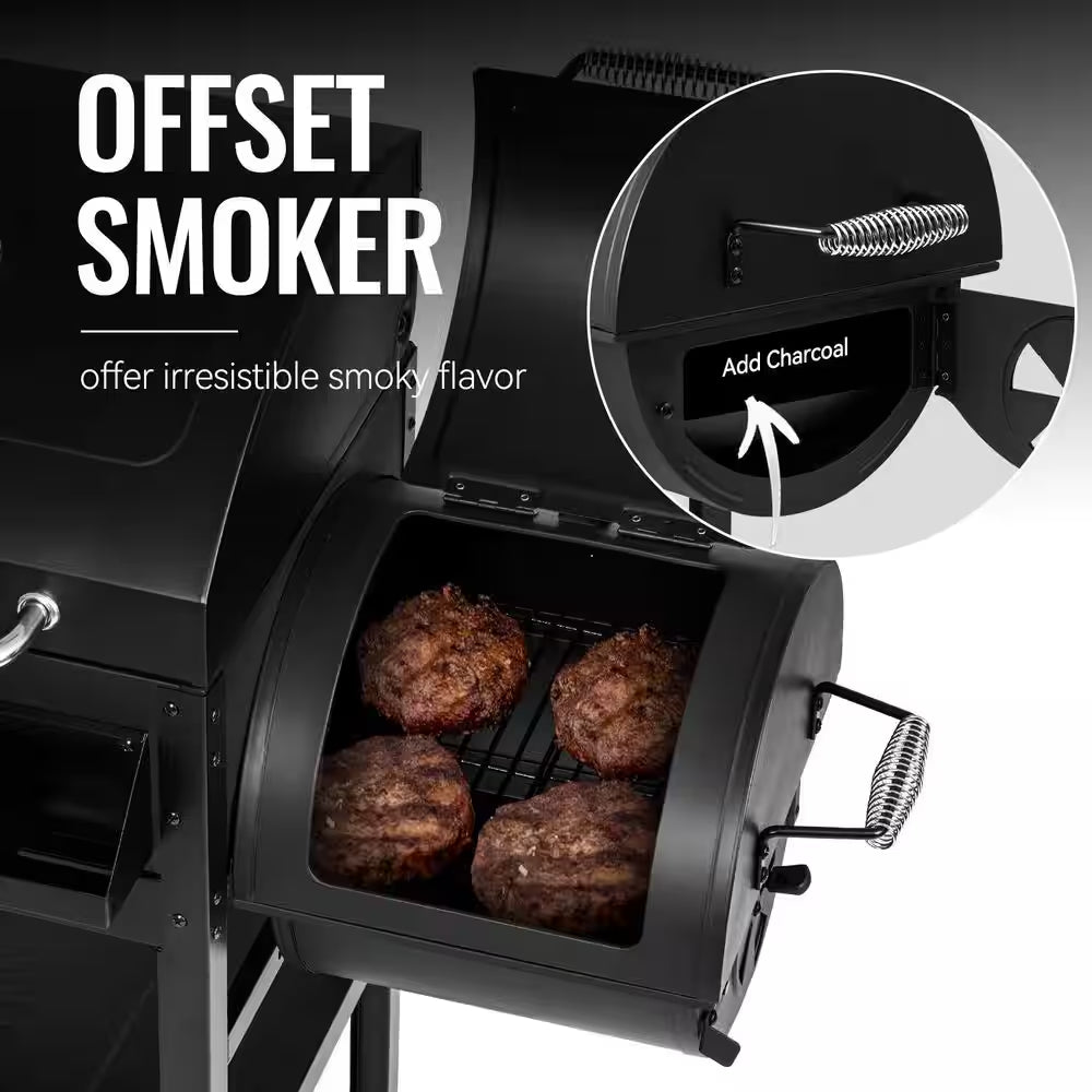 2-Burner Propane Gas and Charcoal Combo Grill with Offset Smoker Side Burner in Black