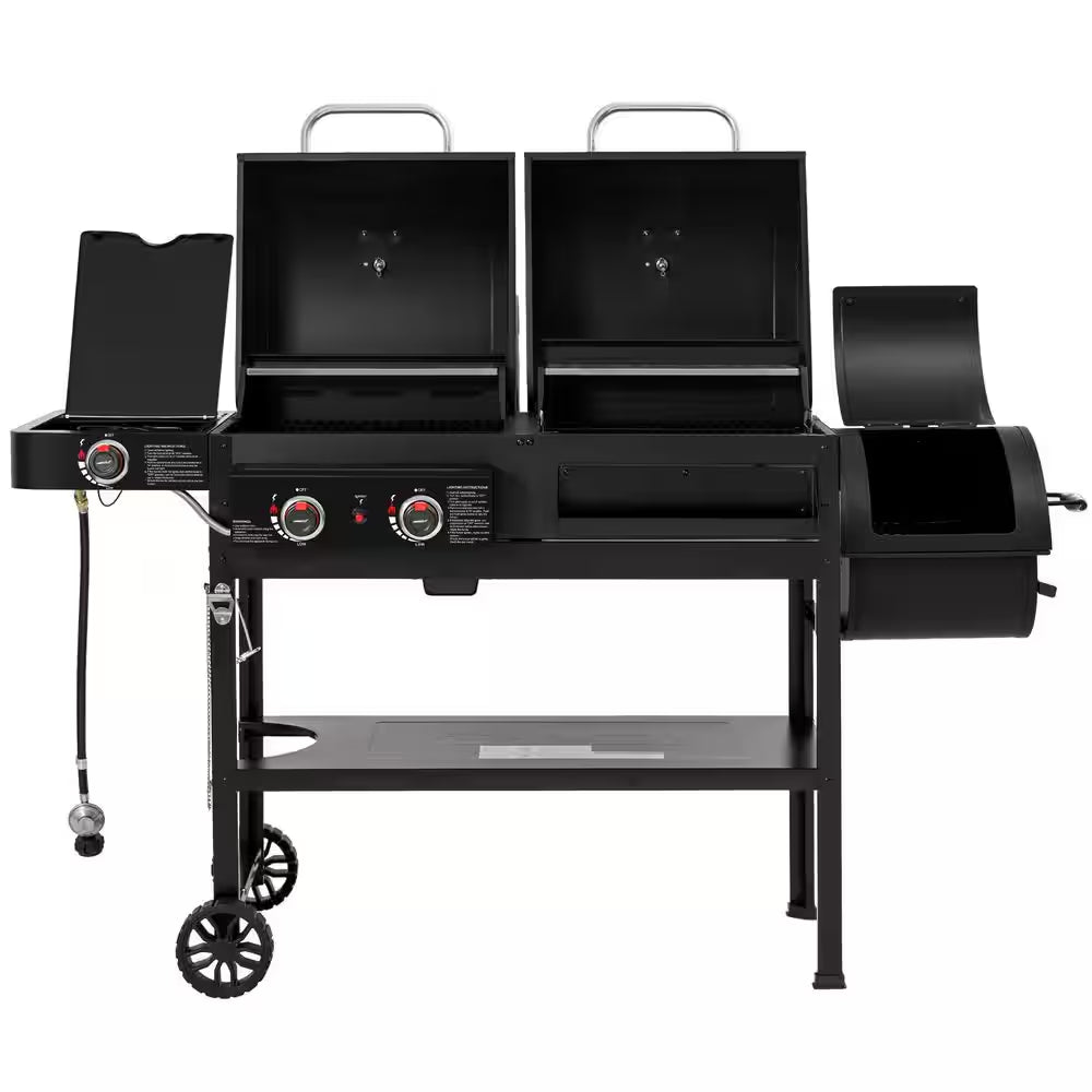 2-Burner Propane Gas and Charcoal Combo Grill with Offset Smoker Side Burner in Black