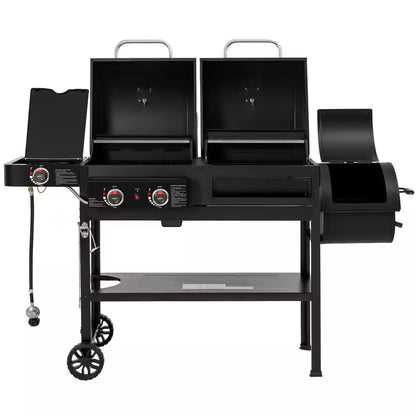 2-Burner Propane Gas and Charcoal Combo Grill with Offset Smoker Side Burner in Black