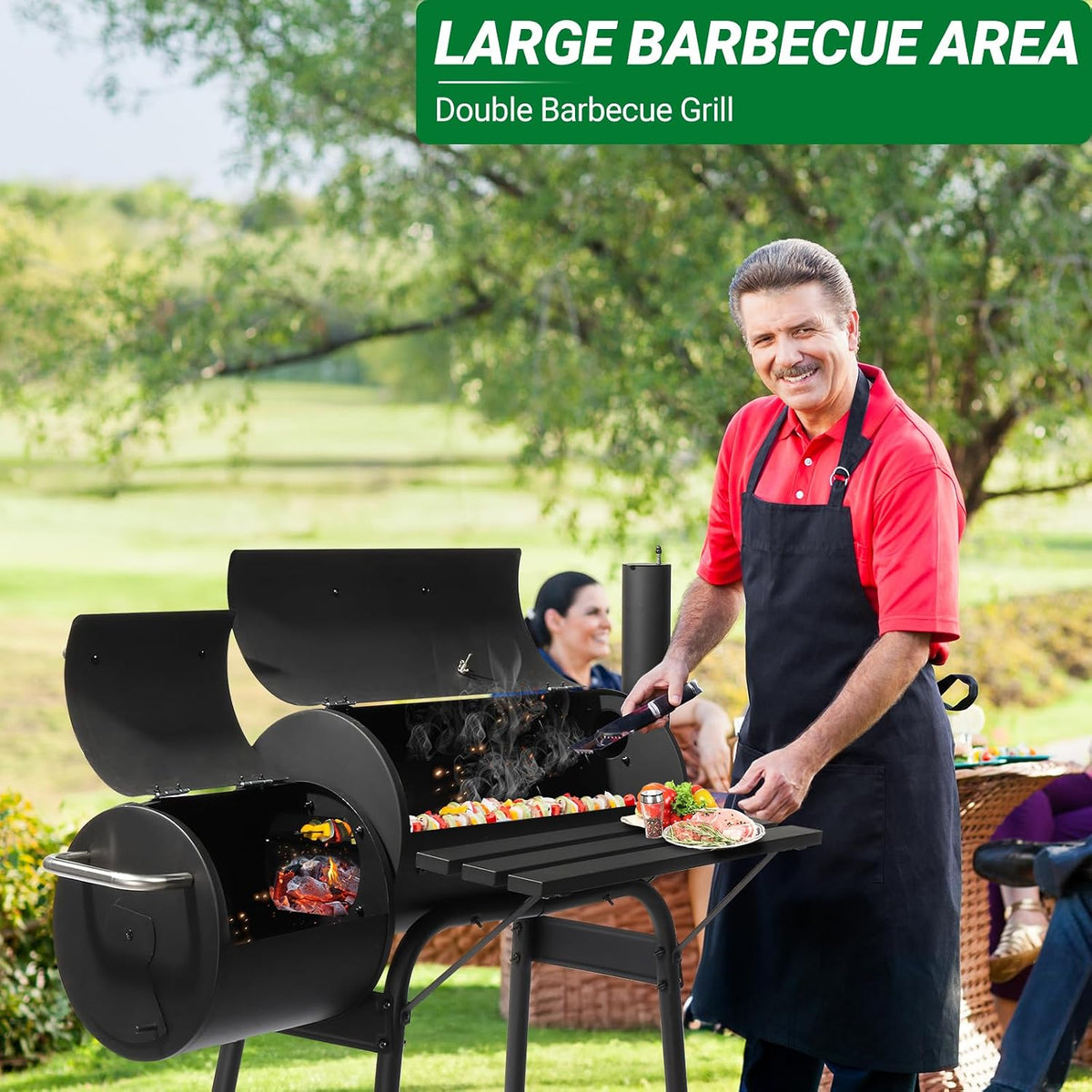 Barrel Grills Charcoal with Wheels and Front Table, Charcoal Grill with Smoker, Built-In Thermometer, 430 Square Inches, Offset Smoker Grill for Outdoor Backyard, Patio, Camping and Parties, Black