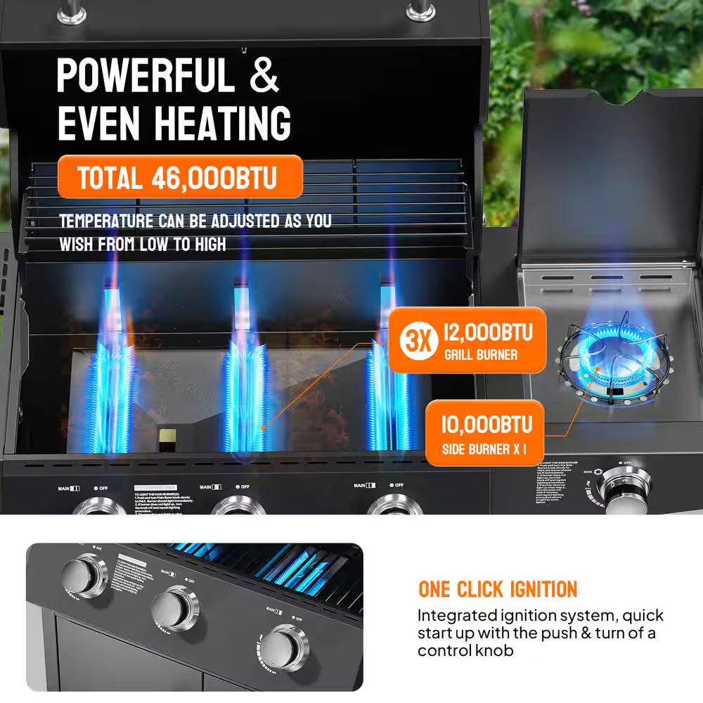 4-Burner Propane Grill with Side Burner, 46,000BTU BBQ Grills with Enameled Cast Iron Grates and Built-In Thermometer