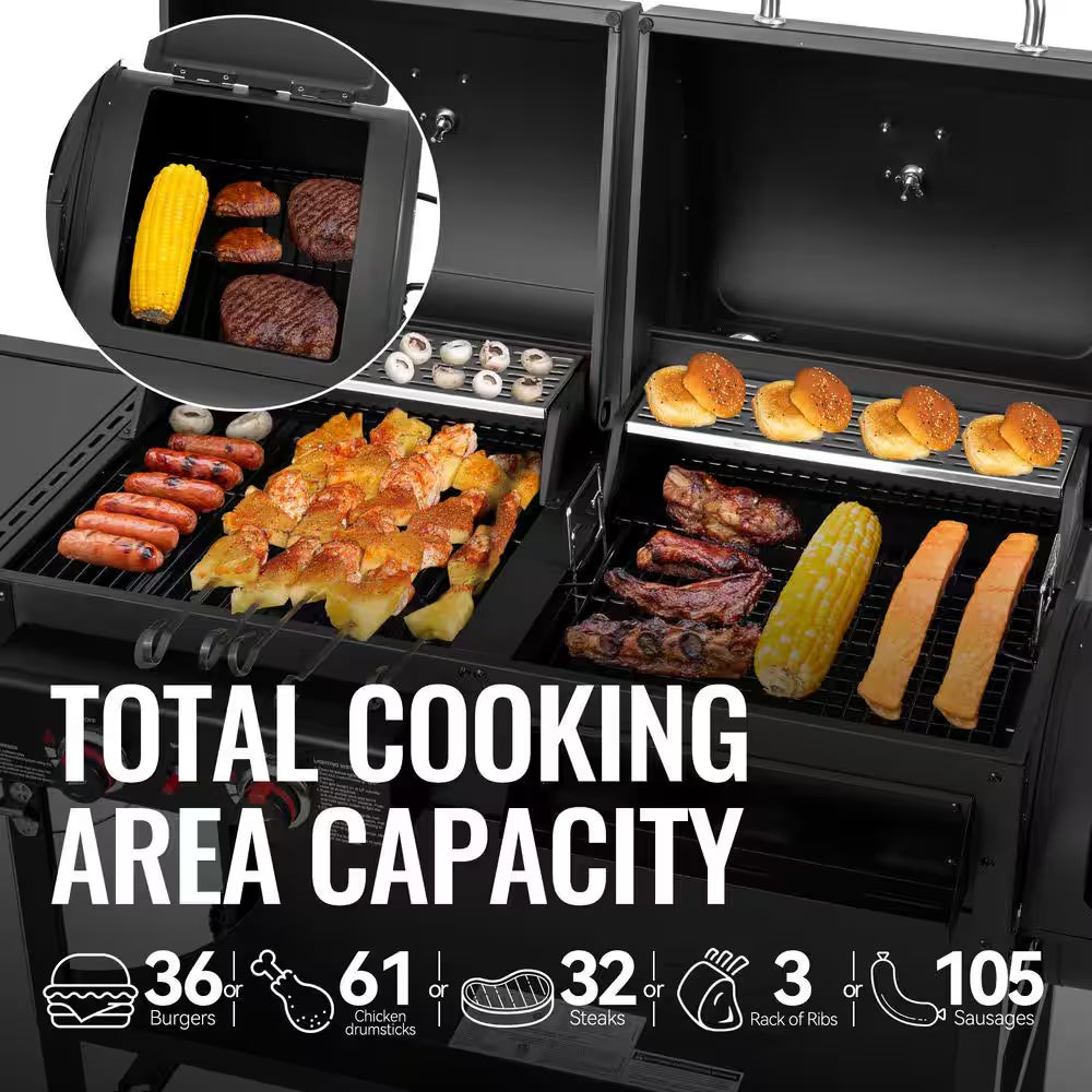 2-Burner Propane Gas and Charcoal Combo Grill with Offset Smoker Side Burner in Black