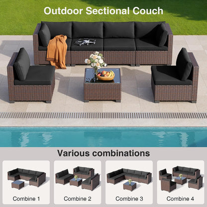 7 Pieces Outdoor Patio Furniture Set, All-Weather PE Rattan Outdoor Patio Sectional Furniture with Cushions and Glass Table, for Garden, Backyard, Porch, Black