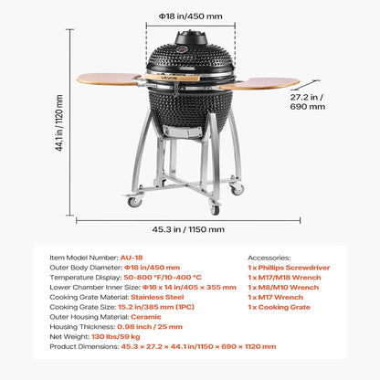 Charcoal Smoker and Grill, 18" Kamado Charcoal BBQ Smoker, Movable Ceramic Barbecue Grill with 4 Wheels (2 Lockable), Built-In Thermometer, Air Vents & Side Shelf for Outdoor Patio Yard Cooking