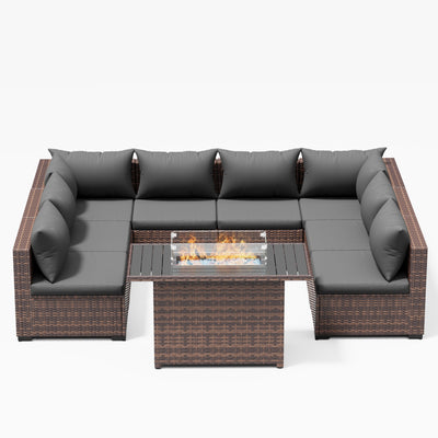 Patio Furniture Set, Outdoor Patio Furniture Wicker Sectional Furniture Couch Set, 9 Pieces Outdoor Sectional Sofa with Fire Pit Table, Outdoor Patio Set for Outdoor Furniture (Grey)
