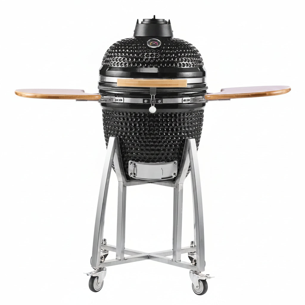 Charcoal Smoker and Grill, 18" Kamado Charcoal BBQ Smoker, Movable Ceramic Barbecue Grill with 4 Wheels (2 Lockable), Built-In Thermometer, Air Vents & Side Shelf for Outdoor Patio Yard Cooking